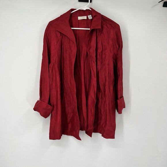 Chicos Womens M Open Front Cardigan Jacket Holiday Red Pockets Demure Classic - Picture 1 of 10